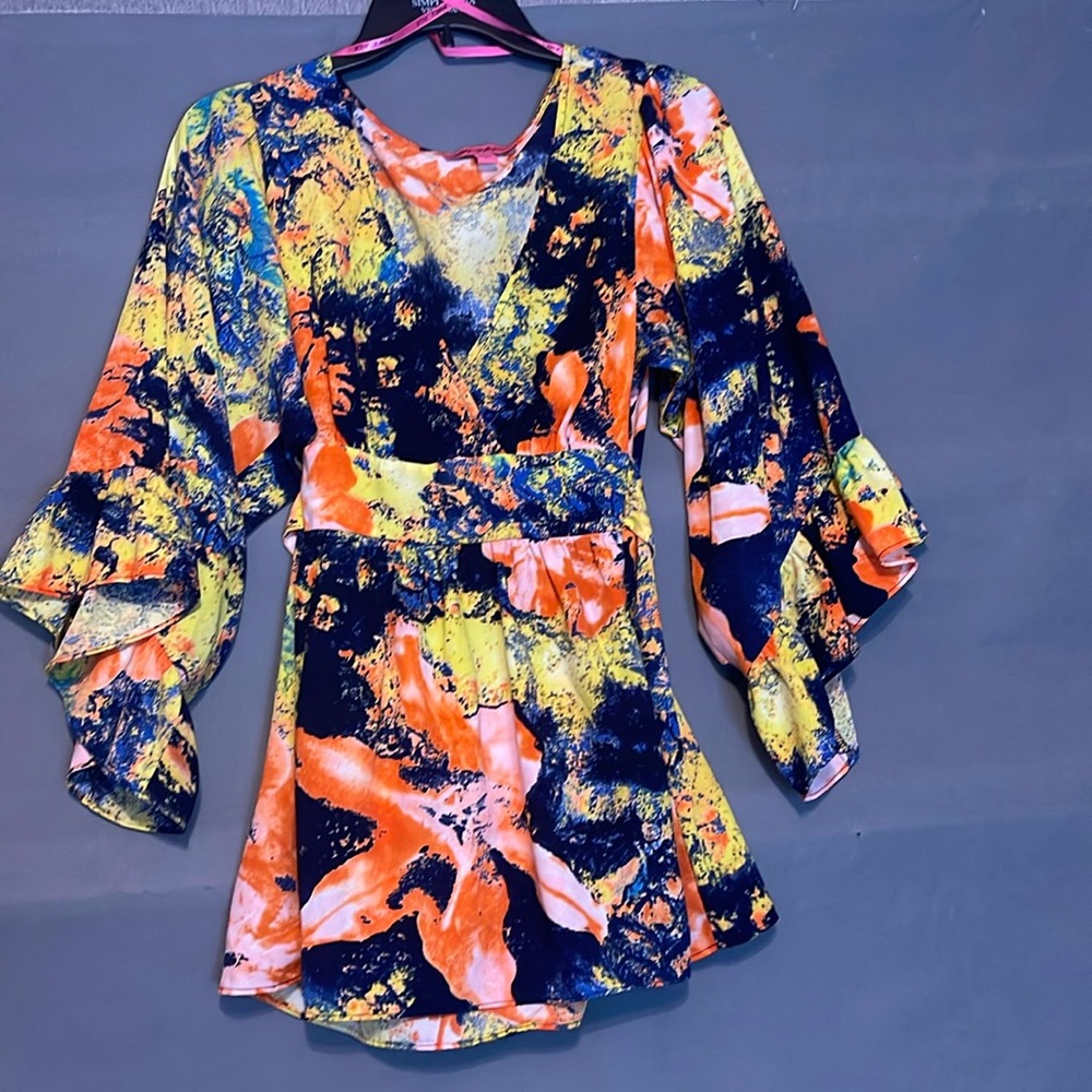 Betsey Johnson Colorful Wrap Tunic Top Size L Kimono Ruffle Sleeve Blouse